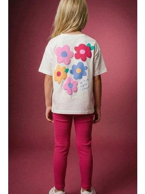 Monila Kız Çocuk Pamuklu Ekru Çiçek Baskılı T-Shirt ve Pembe Tayt Alt Üst Takım