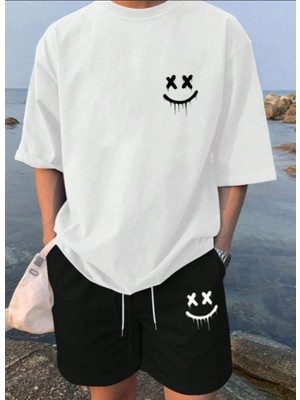 Punix Punıx Büyük Beden Gülen Yüz Baskılı Ter Tutmayan Yazlık Erkek Şort T-Shırt Takım