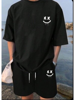 Punix Punıx Büyük Beden Gülen Yüz Baskılı Ter Tutmayan Yazlık Erkek Şort T-Shırt Takım