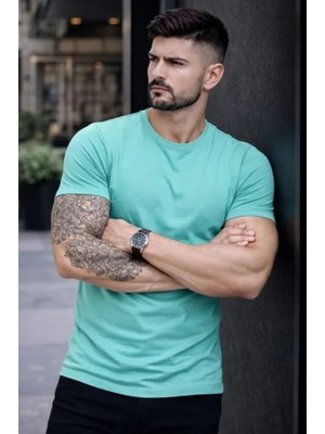 Antakya Yöresi Erkek T-Shirt Bisiklet Yaka Slim Fit Dar Kesim Likralı Tişört Günlük Basic Body - Turkuvaz