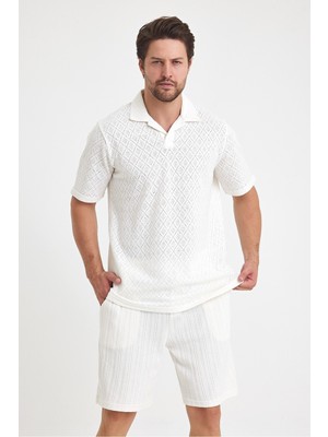 Tarz Cool Erkek Jakarlı Baklava Desenli %100 Pamuk Polo Yaka T-Shirt