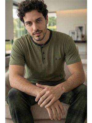 Heritage Khaki Patlı Kısa Kollu Cotton Erkek pijama takımı