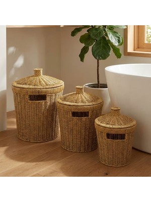 MiraLive  3’lü Iç Içe Geçebilen Büyük Plastik Rattan Hasır Sepet Seti-Dayanıklı Çok Amaçlı Ev