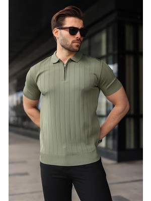Madmext Haki Polo Yaka Fermuarlı Erkek T-Shirt E7298