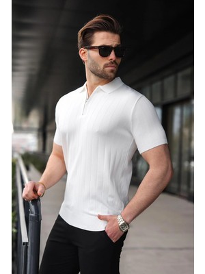 Madmext Beyaz Polo Yaka Fermuarlı Erkek T-Shirt E7298