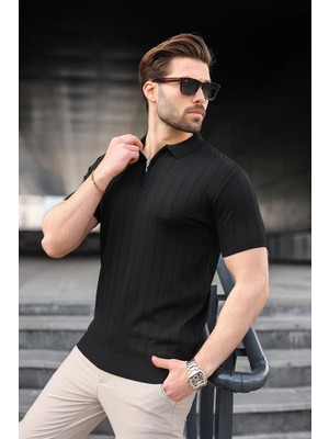 Madmext Siyah Polo Yaka Fermuarlı Erkek T-Shirt E7298