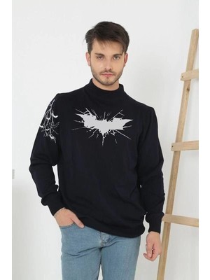 MiraLive Yarım Boğazlı Baskılı Dokuma Triko - Siyah
