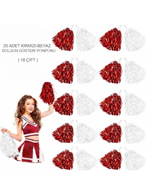 MiraLive Kırmızı - Beyaz Metalik Dolgun Gösteri Ponponu 20 Adet (10 Çift)
