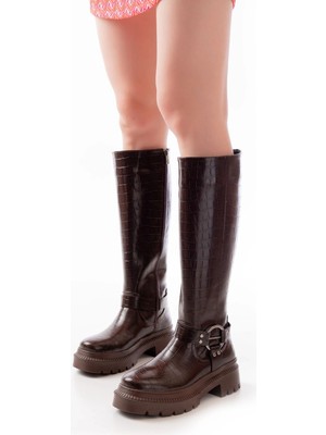 Antakya Yöresi 236-3021 Kahverengi Kroko Fermuarlı Günlük Kadın Çizme