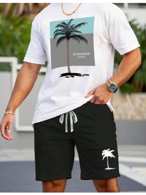 Punix Punıx Büyük Bıg Sıze Beden Palmiye Summer Baskılı Yaz Stili Erkek Battal Şort T-Shırt Takım