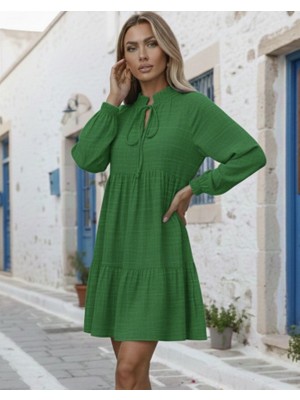 İlk El Grup Ieg™ Kadın Uzun Kollu Yakadan Bağcıklı Fırfırlı Keten Mini Elbise