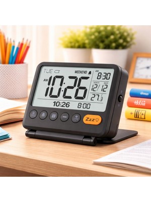 Multizone LED Ekranlı Dijital Masa Saati Katlanır Çalar Saat Takvimli Sıcaklık Göstergeli Pilli