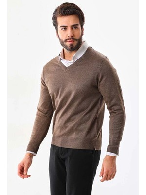 Beta Moda Hub Erkek V Yaka Kazak Uzun Kol Düz Dokuma Triko - Vizon
