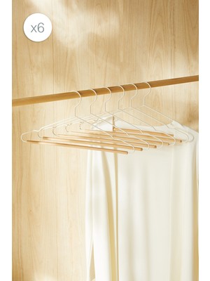 Ocean Home Textile 6'lı Ahşap Destekli Ekru Renk Metal Giysi Askısı 19.5 x 42 x 0.34 cm