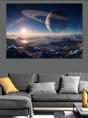 Artmeg Uzayda Satürn Halkası ve Gezegenler Dekoratif Kanvas - Mdf Ahşap Tablo