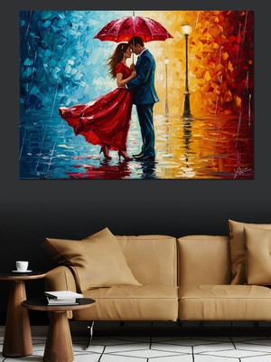 Artmeg Yağmurda Şemsiye Altında Kırmızı Elbiseli Dekoratif Kanvas - Mdf Ahşap Tablo