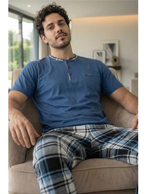 Pijama Evi Heritage Deep Blue Patlı Kısa Kollu Cotton Erkek pijama takımı