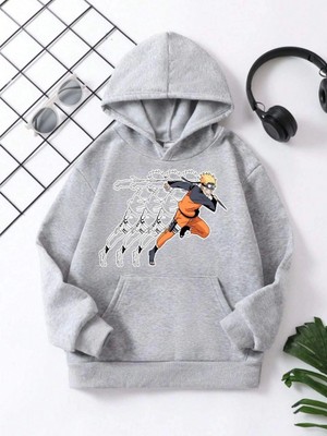 Beta Moda Hub Çocuk   Kapüşonlu Naruto Baskılı Pamuklu Sweatshirt - Gri