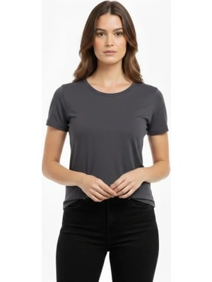 Çamaşır Kenti T-Shirt Bisiklet Yaka Slim Fit Likralı Tişört Günlük Basic Body - Füme