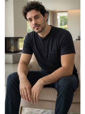 Midnight Black Kısa Kollu Cep Detaylı Elegant Erkek Pijama Takımı