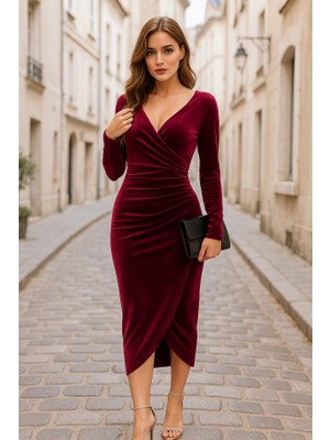 Marsilyan Kadın Uzun Kollu Kruvaze Yaka Belden Büzgü Detay Midi Kadife Elbise