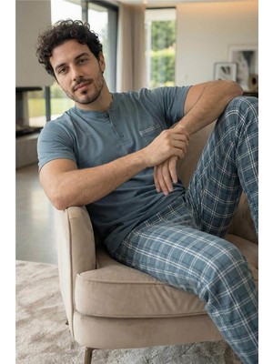 Slate Plaid Kısa Kollu Cep Detaylı Elegant Erkek Pijama Takımı