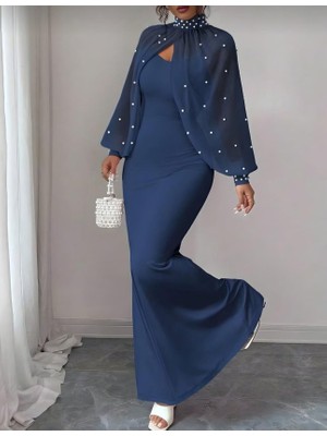 Marsilyan Kadın Balıkçı Yaka Inci ve Tül Detay Dalgıç Kumaş Maxi Boy Elbise