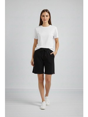 Beta Moda Hub Kadın Dokuma Otoban Şort Beli Lastikli Bağcıklı Cepli Kesim Şort - Siyah