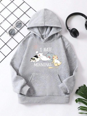 Beta Moda Hub Çocuk   Kapüşonlu Kedicik Baskılı Pamuklu Sweatshirt - Gri