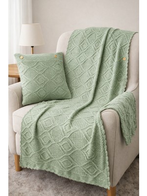 Kraftella Çağla Yeşili El Örgüsü Tv Battaniyesi & Kırlent Seti – Kadın Girişimci Emeği, Doğal Pamuk Dokulu, Dekoratif Koltuk Örtüsü