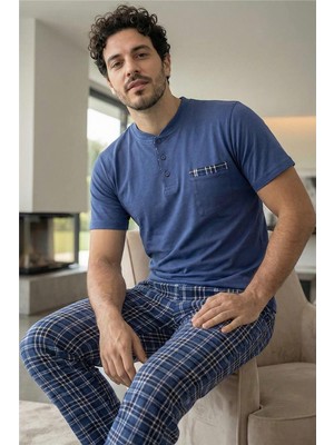 Pijama Evi Indigo Blue Kısa Kollu Cep Detaylı Elegant Erkek Pijama Takımı