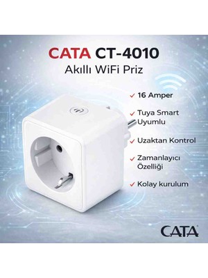 Cata CT-4010 Wifi Akıllı Priz 16 Amper Isıya Dayanıklı Plastik Gövde ile Uzaktan Kontrol