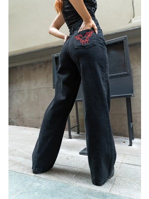 Kemer Nakışlı Füme Baggy Jean