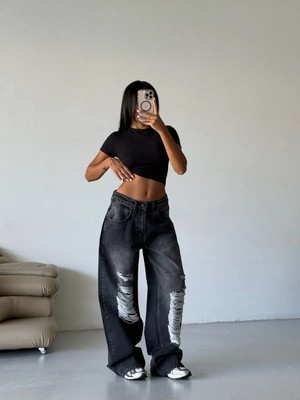 Pileli Store Füme Lazer Yıkamalı Yırtık Baggy Jean