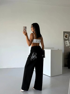 Pileli Store Blaka-05 Örümcek Baskılı Siyah Baggy Jean