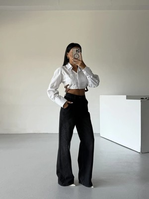 Pileli Store Füme Simetrik Dikişli Geniş Paça Jean