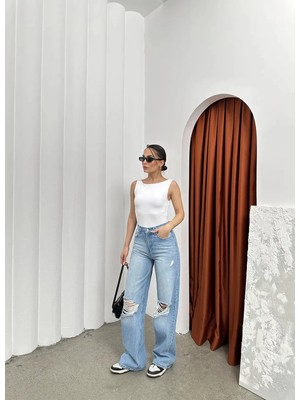 Pileli Store Yırtık Detaylı Yıkama Efektli Baggy