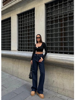 Pileli Store Rins Yıkamalı Yüksek Bel Geniş Paça Jean