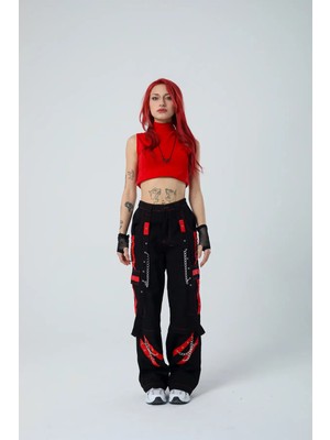 Pileli Store Kırmızı Şerit Detaylı Baggy Cyber-Pants