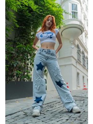 Yıldız Parçalı Yıkama Detaylı Baggy Jean