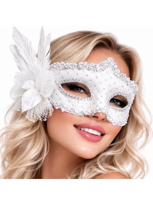 Kaymak Home Beyaz Tüylü Venedik Lüks Balo Maskesi