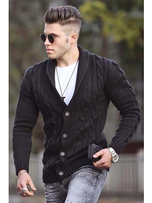 Madmext Siyah Örgülü Hırka 9053 Slim Fit Uzun Kol Örme Kumaş Günlük Tarz