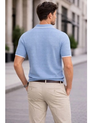Beta Moda Hub Erkek Fitilli Yazlık Triko Tişört Düğmesiz Polo Yaka Kısa Kol T-Shirt - Bebek Mavisi