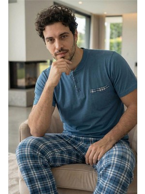 Pijama Evi Steel Blue Kısa Kollu Cep Detaylı Elegant Erkek Pijama Takımı