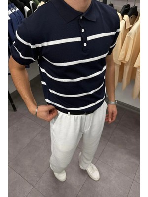 Tarz Cool Erkek Düğmeli Polo Yaka Çizgi Detaylı Slim Fit Triko T-Shirt