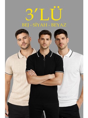 Beta Moda Hub Erkek Triko Tişört Fermuarlı Polo Yaka Kısa Kol T-Shirt 3’lü Set Bej-Beyaz-Siyah