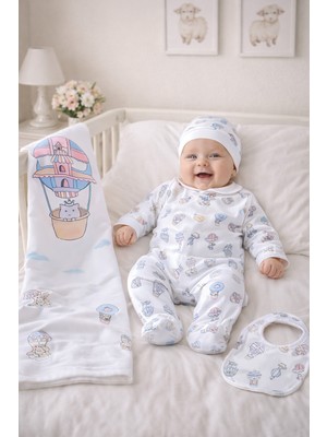 Sitilin Kız Erkek Bebek % 100 Doğal Atelier Pamuk Kumaş Battaniyeli 4 Lü Hastane Çıkışı Seti STL7175