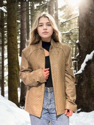 Beta Moda Hub Fileli Deri Ceket - Krem