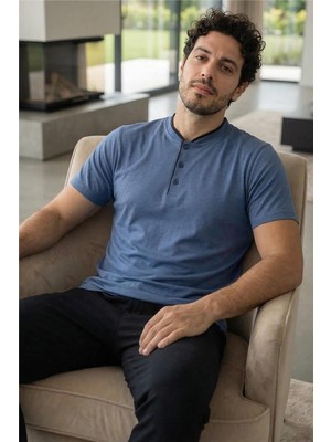 Midnight Steel Kısa Kollu Pat Detaylı Elegant Erkek Pijama Takımı