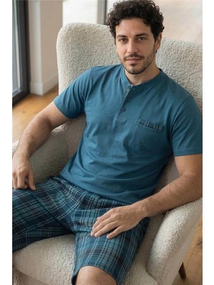 Pijama Evi Urban Teal Şortlu Pat Detaylı Elegant Erkek Pijama Takımı